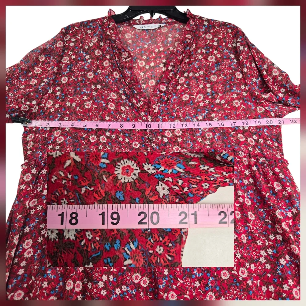 Zara Red Floral V-Neck Long Sleeve Semi Sheer Tiered Mini Babydoll Dress XL - Picture 15 of 16